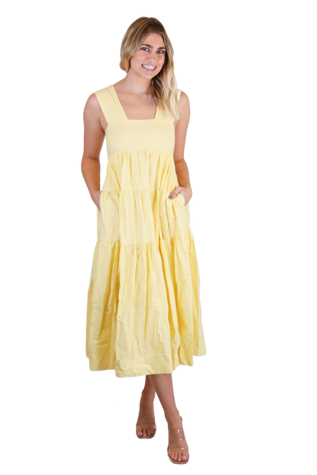 anthropologie tiered yellow ruffle midi dress (xs)