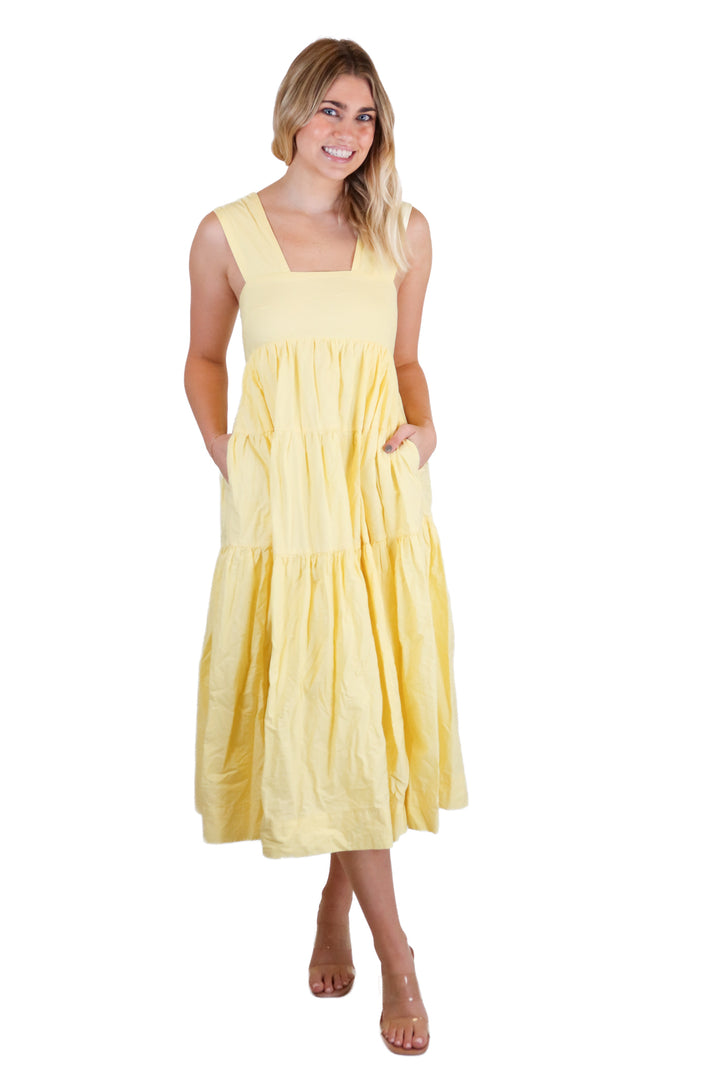 anthropologie tiered yellow ruffle midi dress (xs)