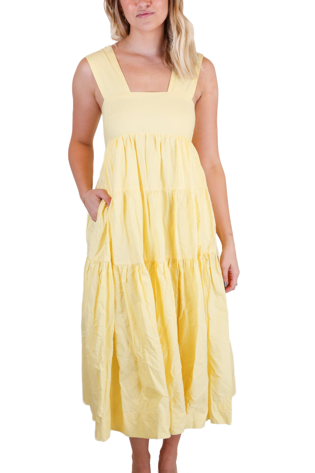 anthropologie tiered yellow ruffle midi dress (xs)