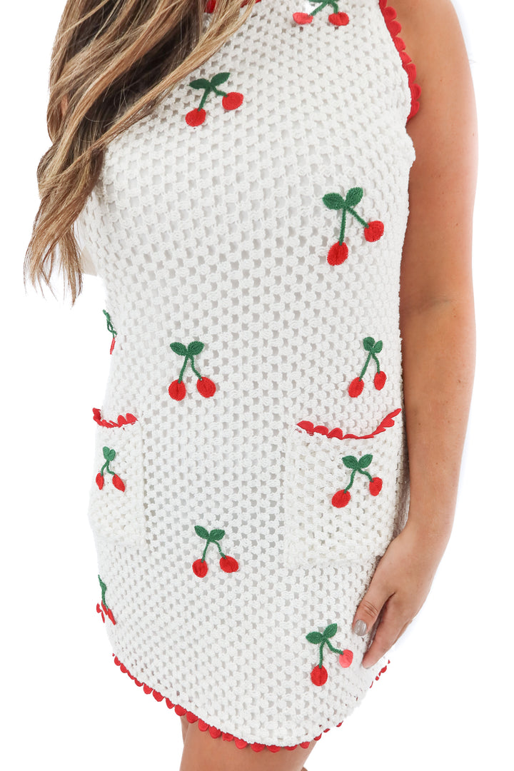 saylor white crochet cherry embroidered mini dress (M; retail $230)