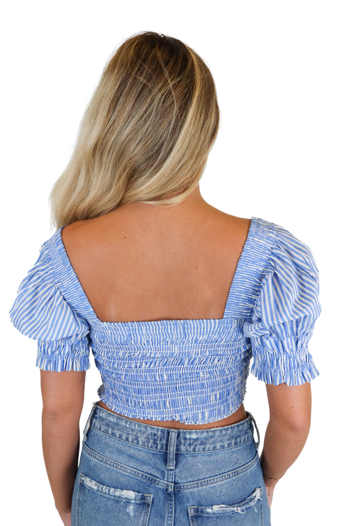 valiante blue and white smocked crop top (xs)