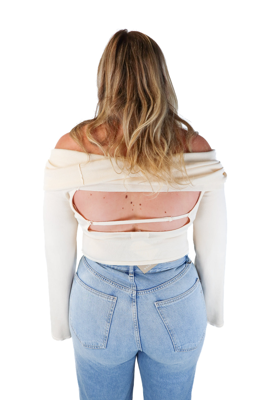 meshki beige off the shoulder open back sweater NWT (XL; retail $75)