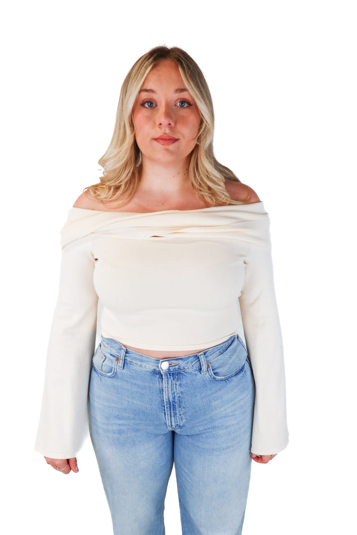 meshki beige off the shoulder open back sweater NWT (XL; retail $75)