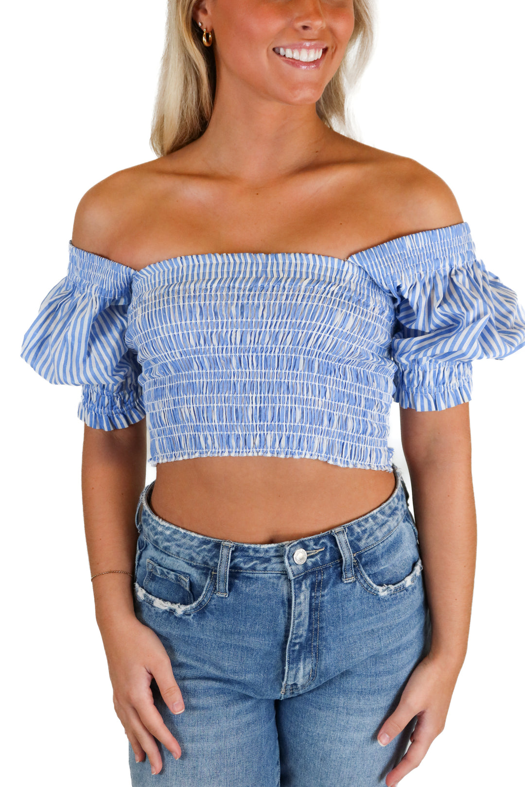 valiante blue and white smocked crop top (xs)