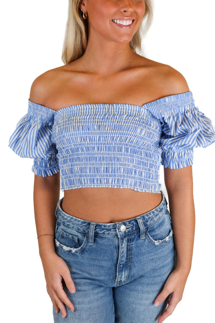 valiante blue and white smocked crop top (xs)