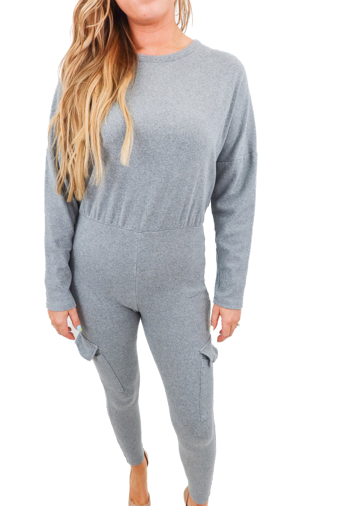 fashion nova grey knit jumpsuit (L)