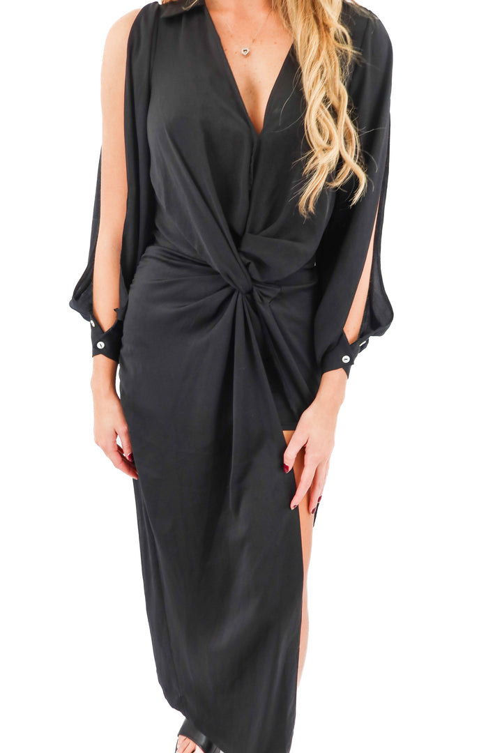 ruby + pearl black cold shoulder dress (s)