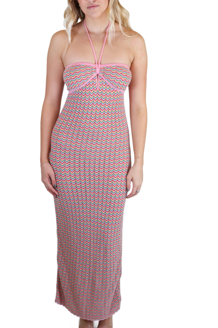 Saylor Pink and Green Multi Color Chevron Maxi Dress (S)