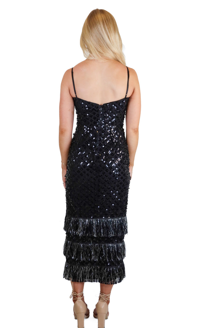 saylor black sequin midi dress (xs)