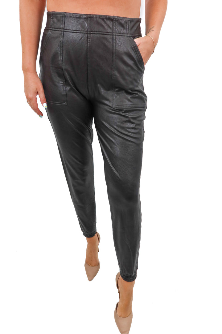 spanx black vegan leather joggers (m)
