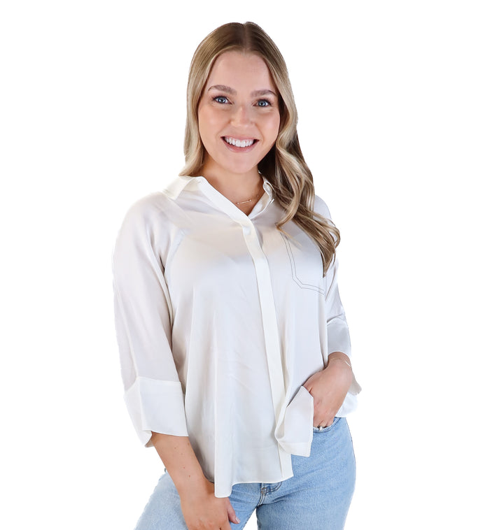 Meilleur moment Paris white silk faux pocket button up NWT (36/ US4; retail $139)