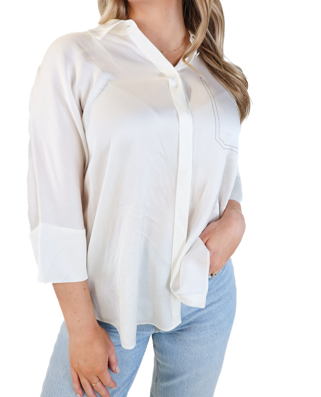 Meilleur moment Paris white silk faux pocket button up NWT (36/ US4; retail $139)