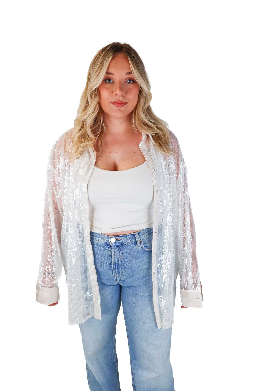 showpo white sheer sequin button up NWT (16)