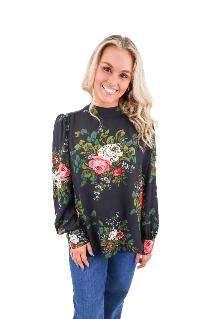 loft black floral high neck top nwt (m)