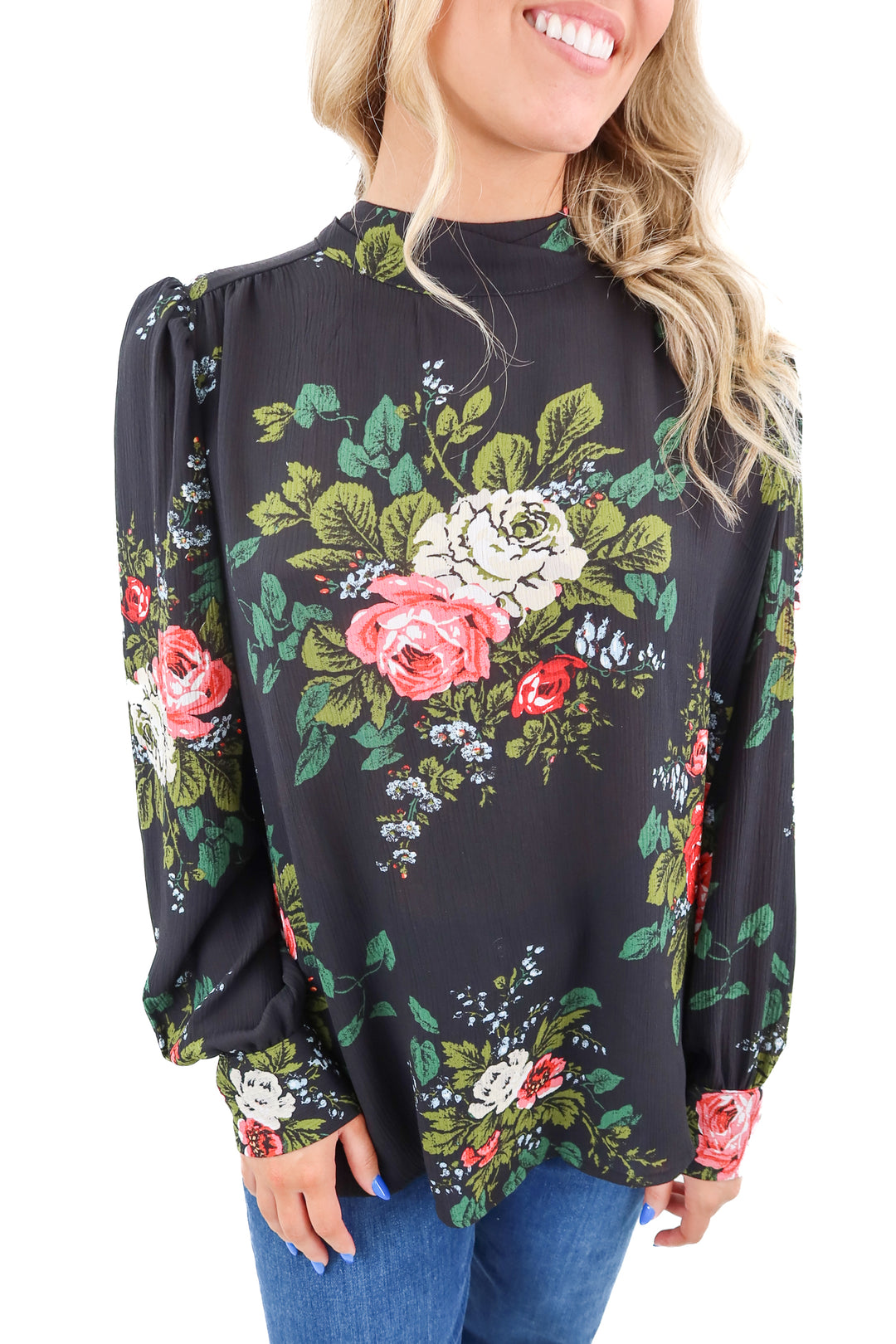 loft black floral high neck top nwt (m)