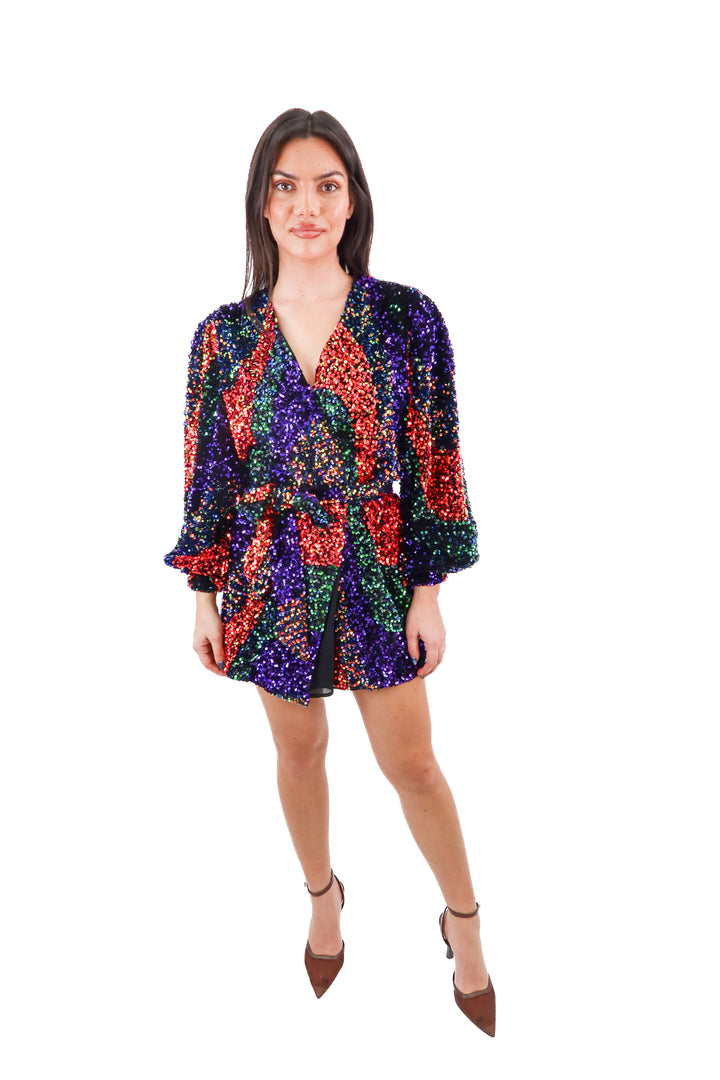 buddy love black velvet and rainbow sequin longsleeve dress nwt (l)