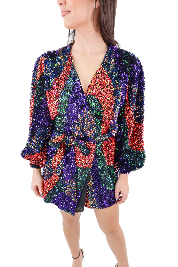 buddy love black velvet and rainbow sequin longsleeve dress nwt (l)
