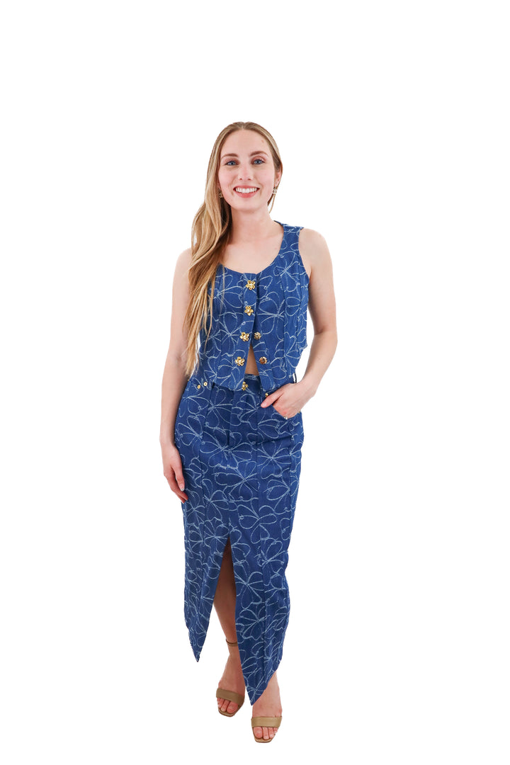 avec les filles floral denim skirt set nwt (XS; retail $420)