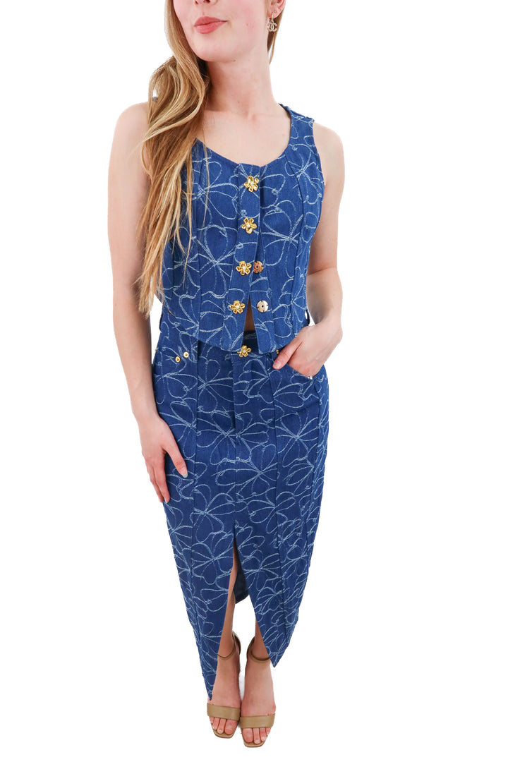 avec les filles floral denim skirt set nwt (XS; retail $420)