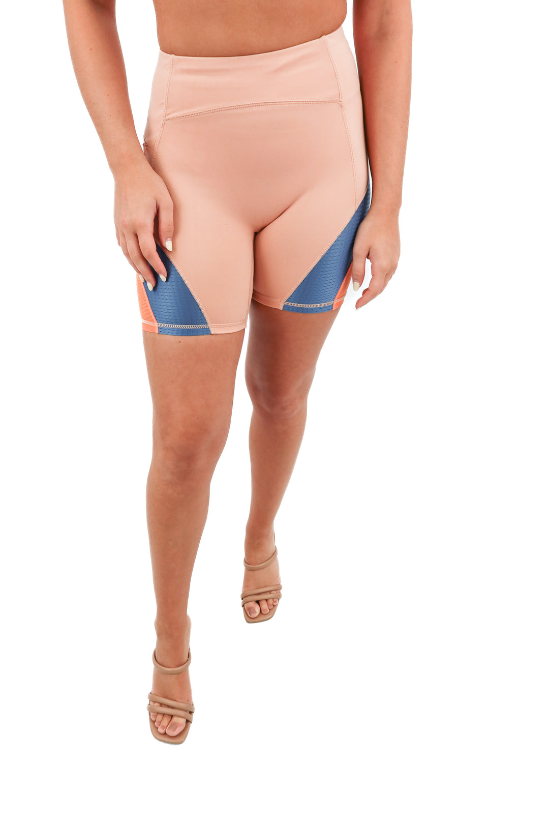 fabletics orange colorblock with blue mesh biker shorts (S)
