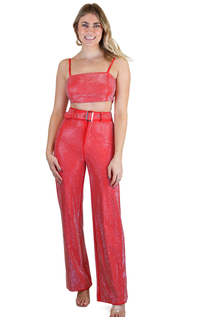 12th Tribe Red Rhinstone Pant & Crop Top Set (XS/S)