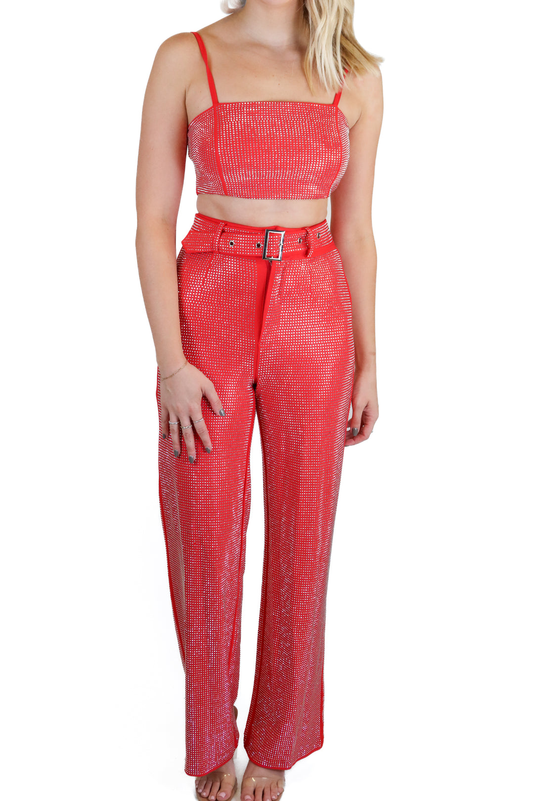 12th Tribe Red Rhinstone Pant & Crop Top Set (XS/S)