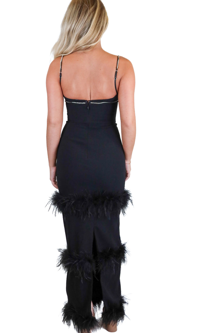 House of CB Black Rhinestone Feather Trim Maxi Dress (XS)