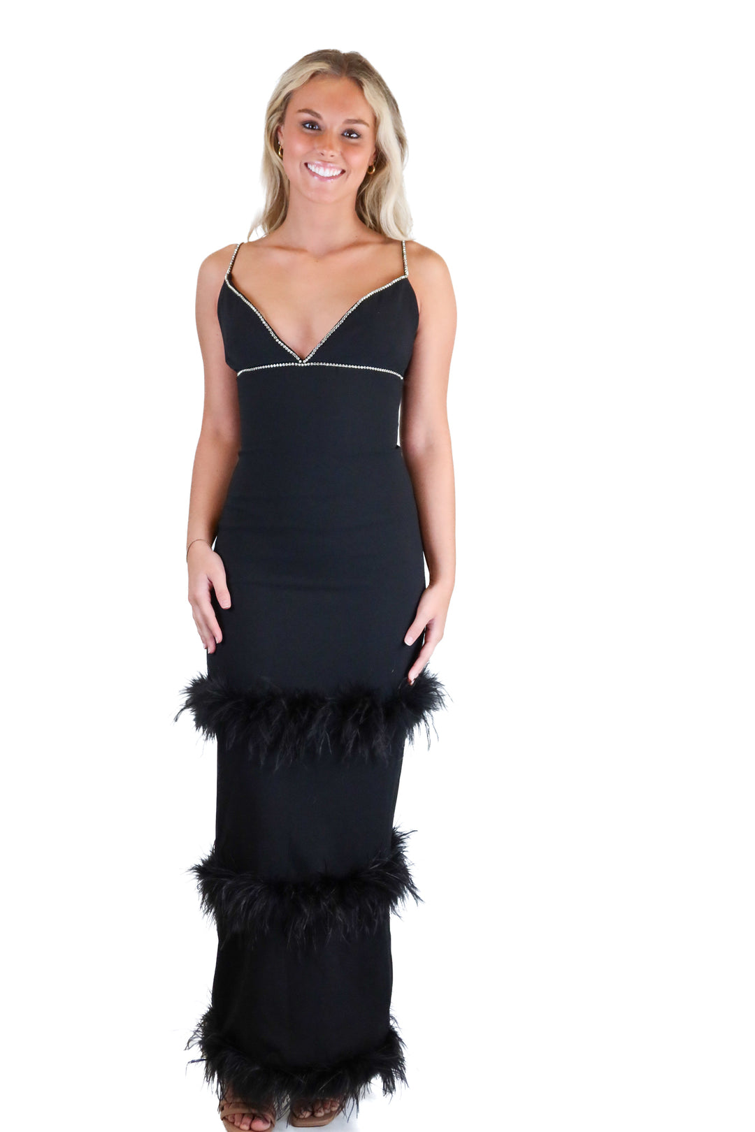 House of CB Black Rhinestone Feather Trim Maxi Dress (XS)