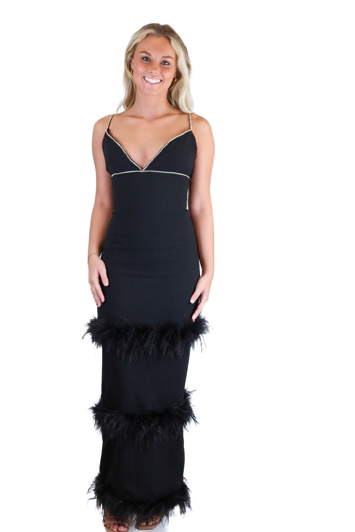 House of CB Black Rhinestone Feather Trim Maxi Dress (XS)