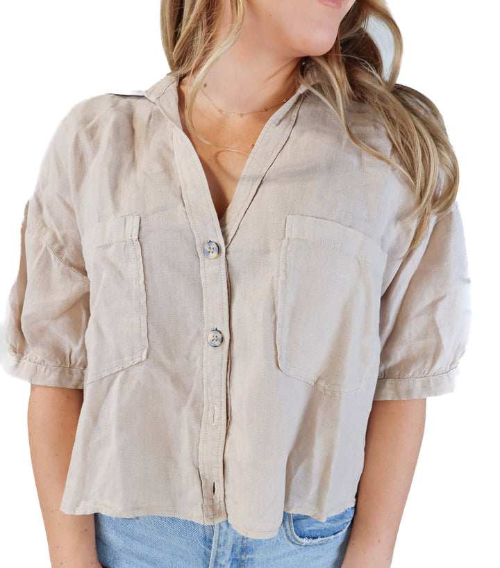 Zara mauve short sleeve linen button up (M)