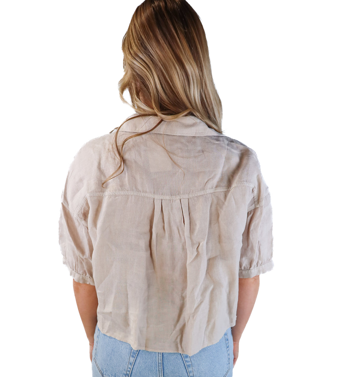 Zara mauve short sleeve linen button up (M)
