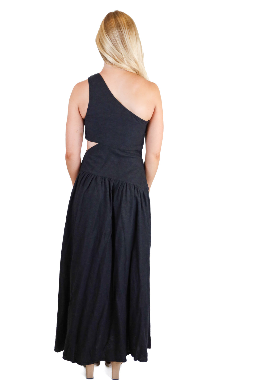 venus black one shoulder linen maxi dress (xs)
