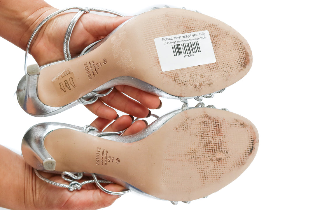 Schutz silver wrap heels (10)