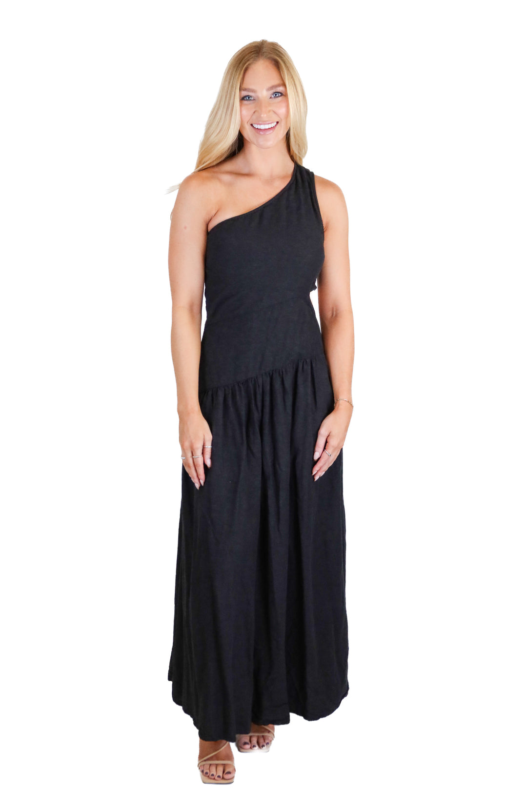 venus black one shoulder linen maxi dress (xs)