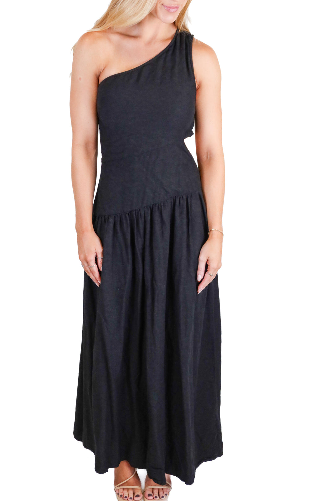 venus black one shoulder linen maxi dress (xs)