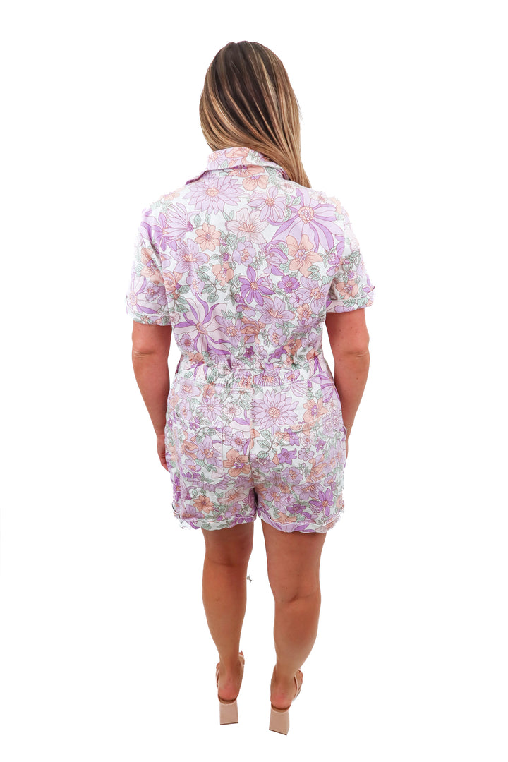 skies are blue purple floral denim romper (L; retail $89)
