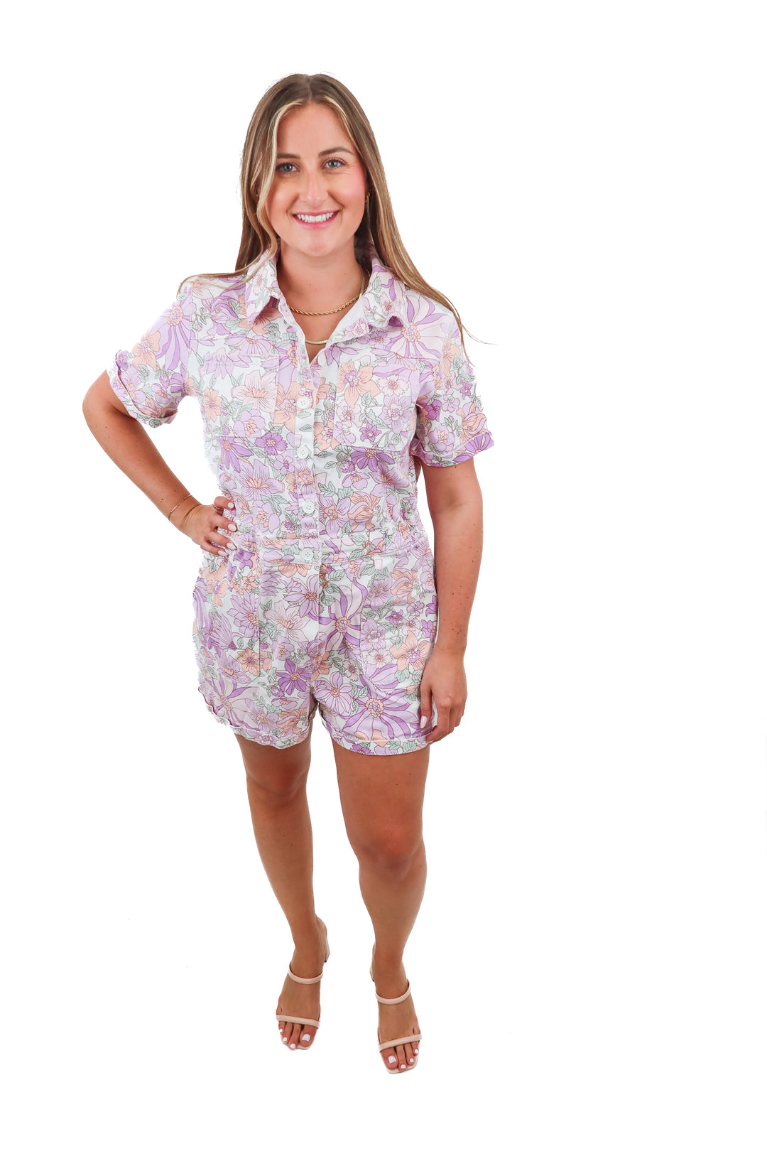 skies are blue purple floral denim romper (L; retail $89)