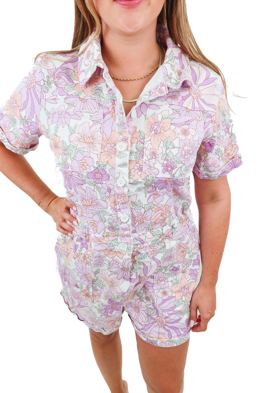 skies are blue purple floral denim romper (L; retail $89)