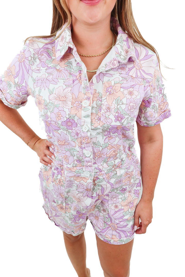 skies are blue purple floral denim romper (L; retail $89)