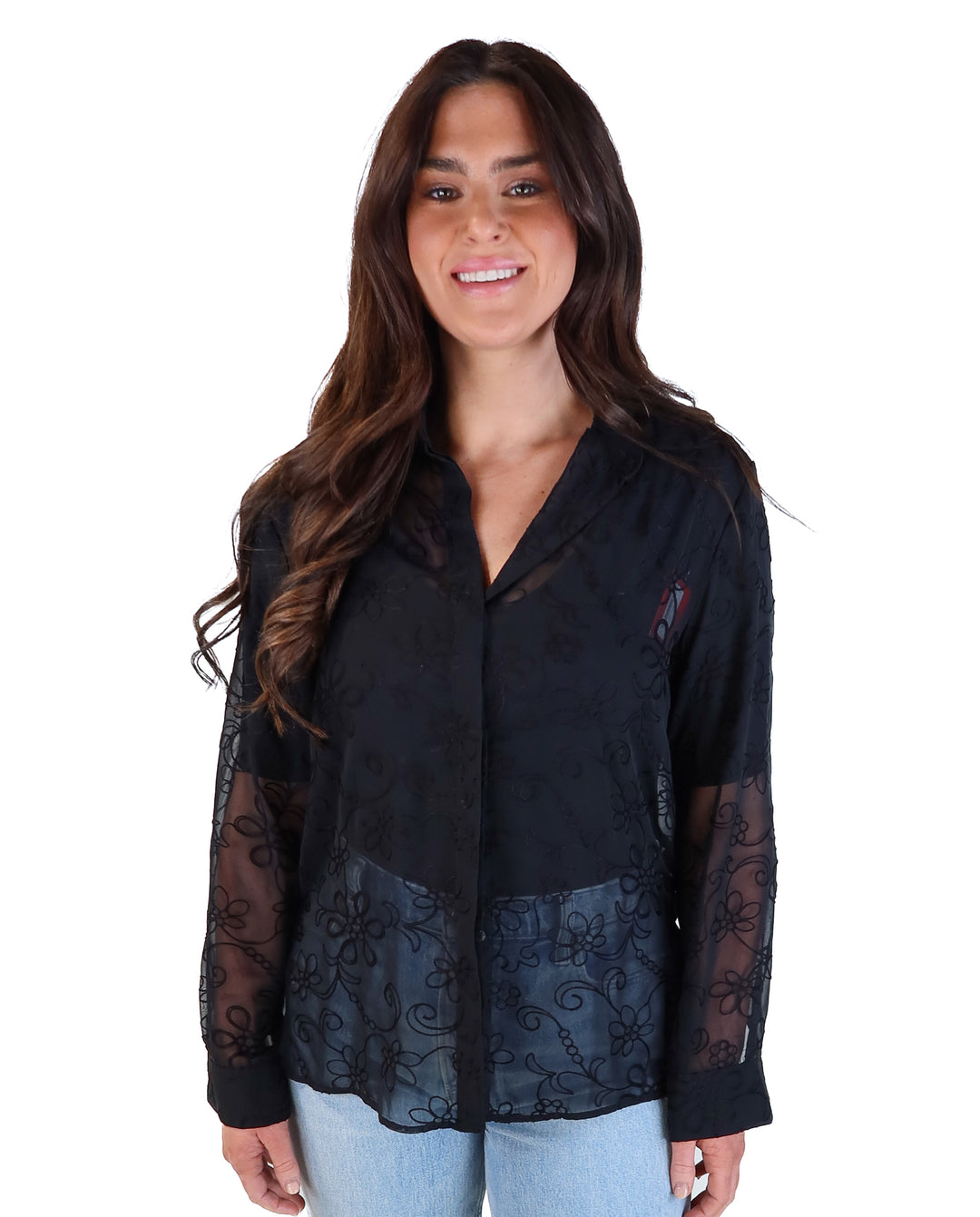 Zara black sheer stitched floral button up NWT (s; retails for $47.90)
