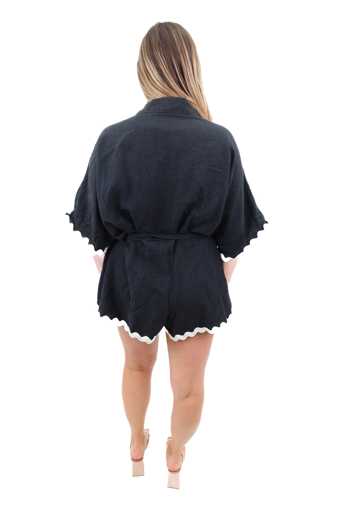 petal + pup black scallop romper (L; retail $79)