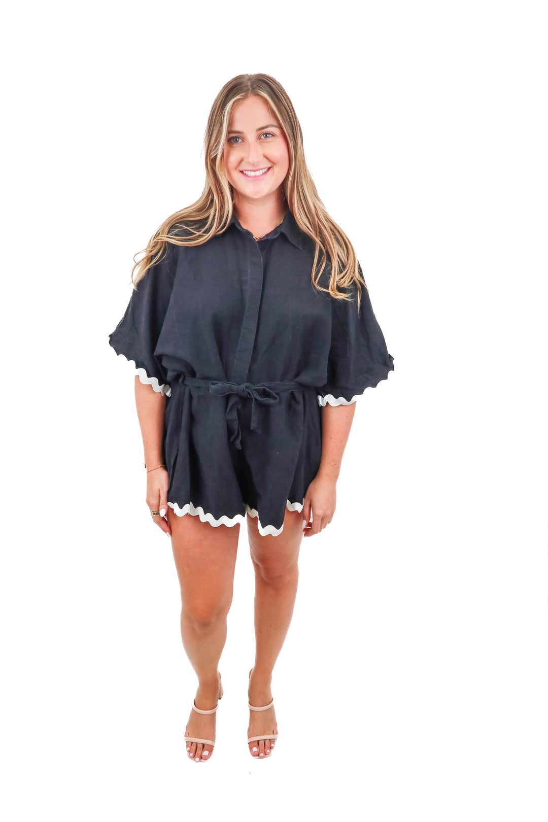 petal + pup black scallop romper (L; retail $79)