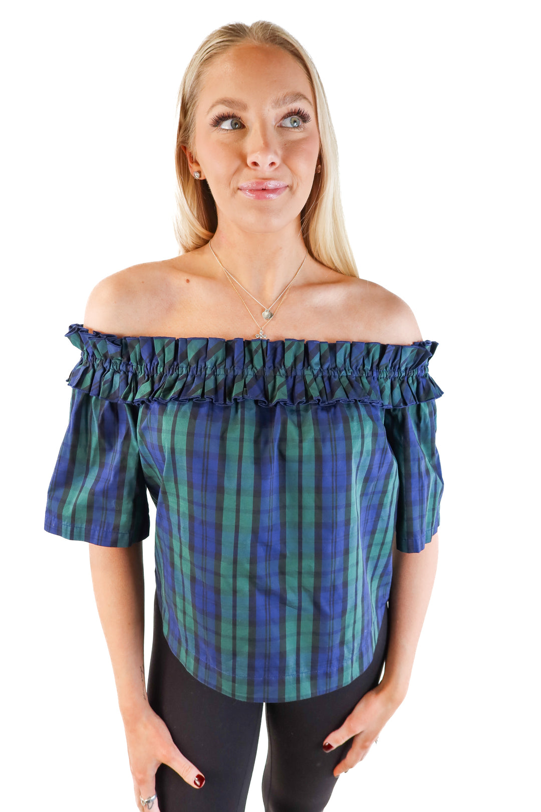 Vineyard vines green plaid off the shoulder top (xs)