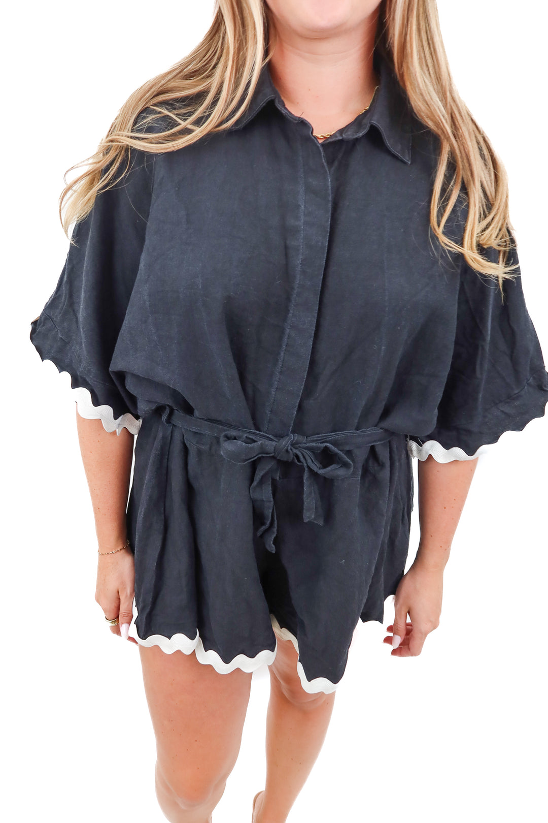 petal + pup black scallop romper (L; retail $79)