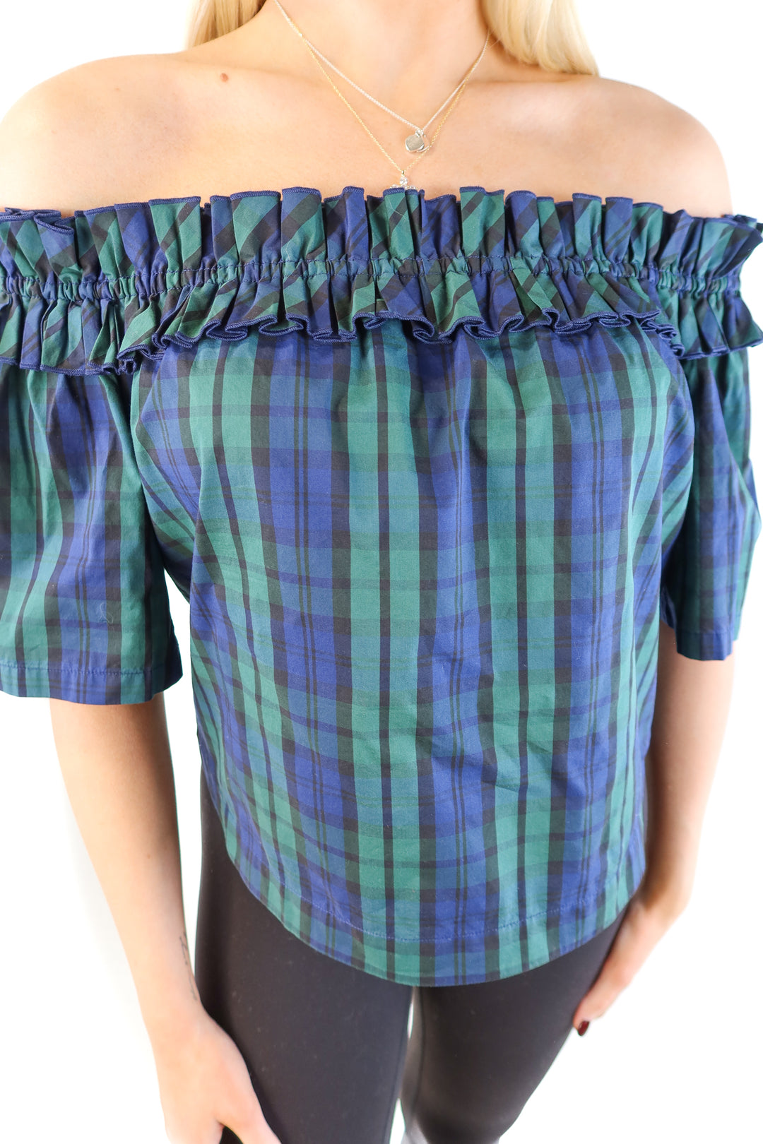 Vineyard vines green plaid off the shoulder top (xs)