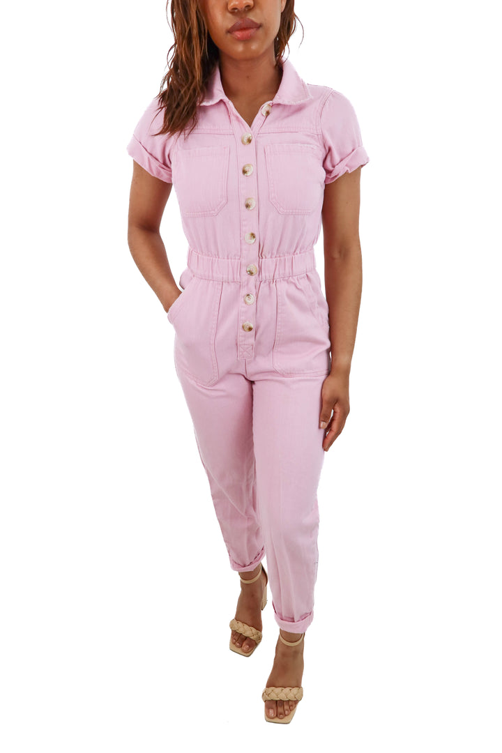 show me your mumu light pink denim jumpsuit (xs)
