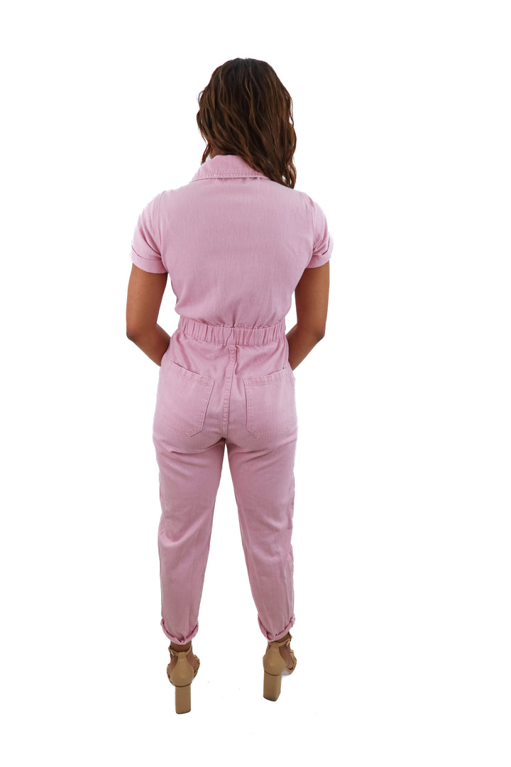 show me your mumu light pink denim jumpsuit (xs)