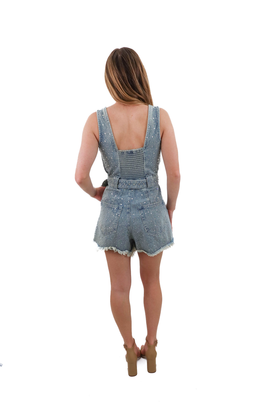 show me your mumu denim rhinestone romper (xs; retail $298)