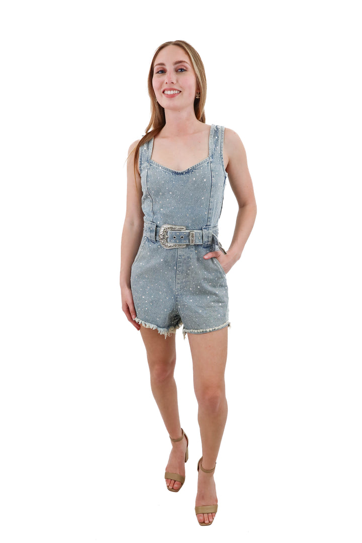 show me your mumu denim rhinestone romper (xs; retail $298)