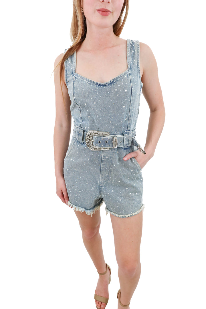 show me your mumu denim rhinestone romper (xs; retail $298)